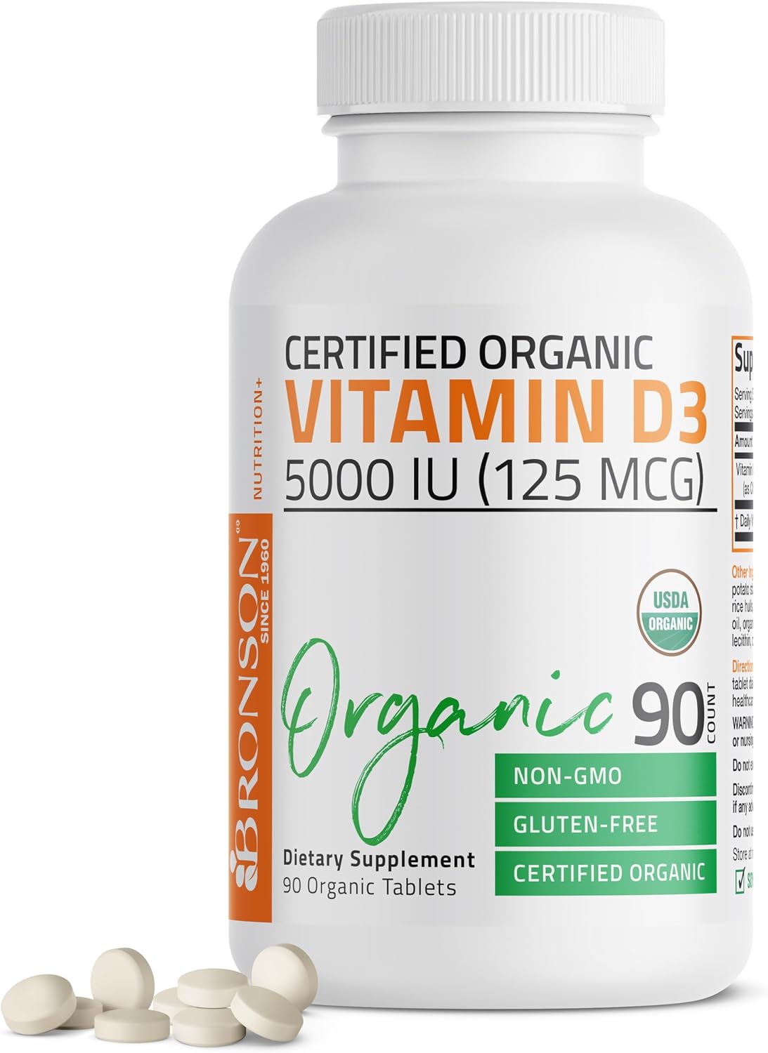 Bronson Vitamin D3 5000 IU - Certified Organic Vitamin D Supplement, Non-GMO, 90 Tablets - görsel 1