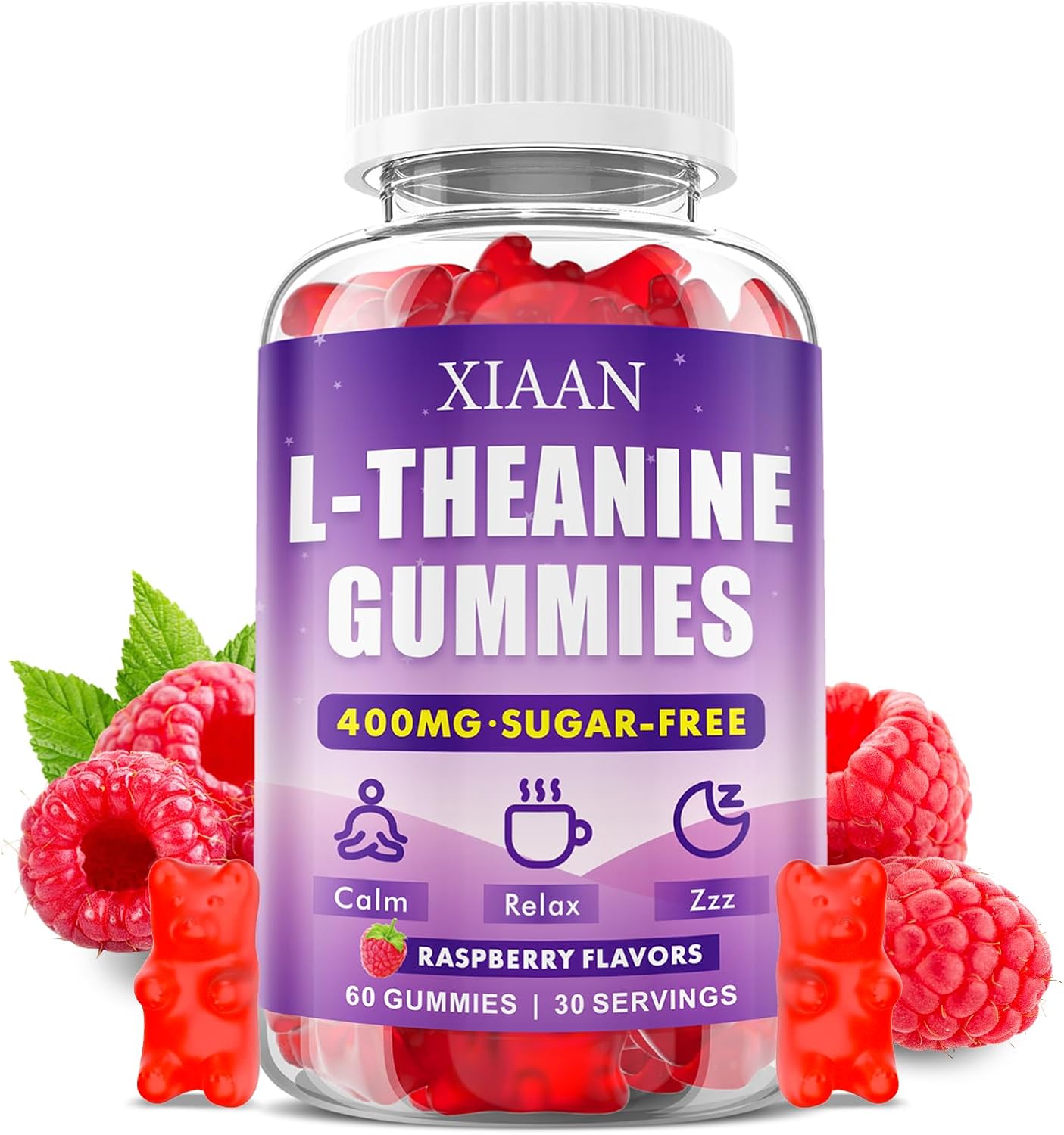 XIAAN L-Theanine Gummies for Kids & Adults, 400mg L-Theanine Supplement for Calm, Relaxation, and Sleep Support, Vegan, Organic, Raspberry Flavour, 60 Counts - görsel 1