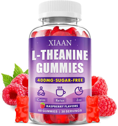XIAAN L-Theanine Gummies for Kids & Adults, 400mg L-Theanine Supplement for Calm, Relaxation, and Sleep Support, Vegan, Organic, Raspberry Flavour, 60 Counts