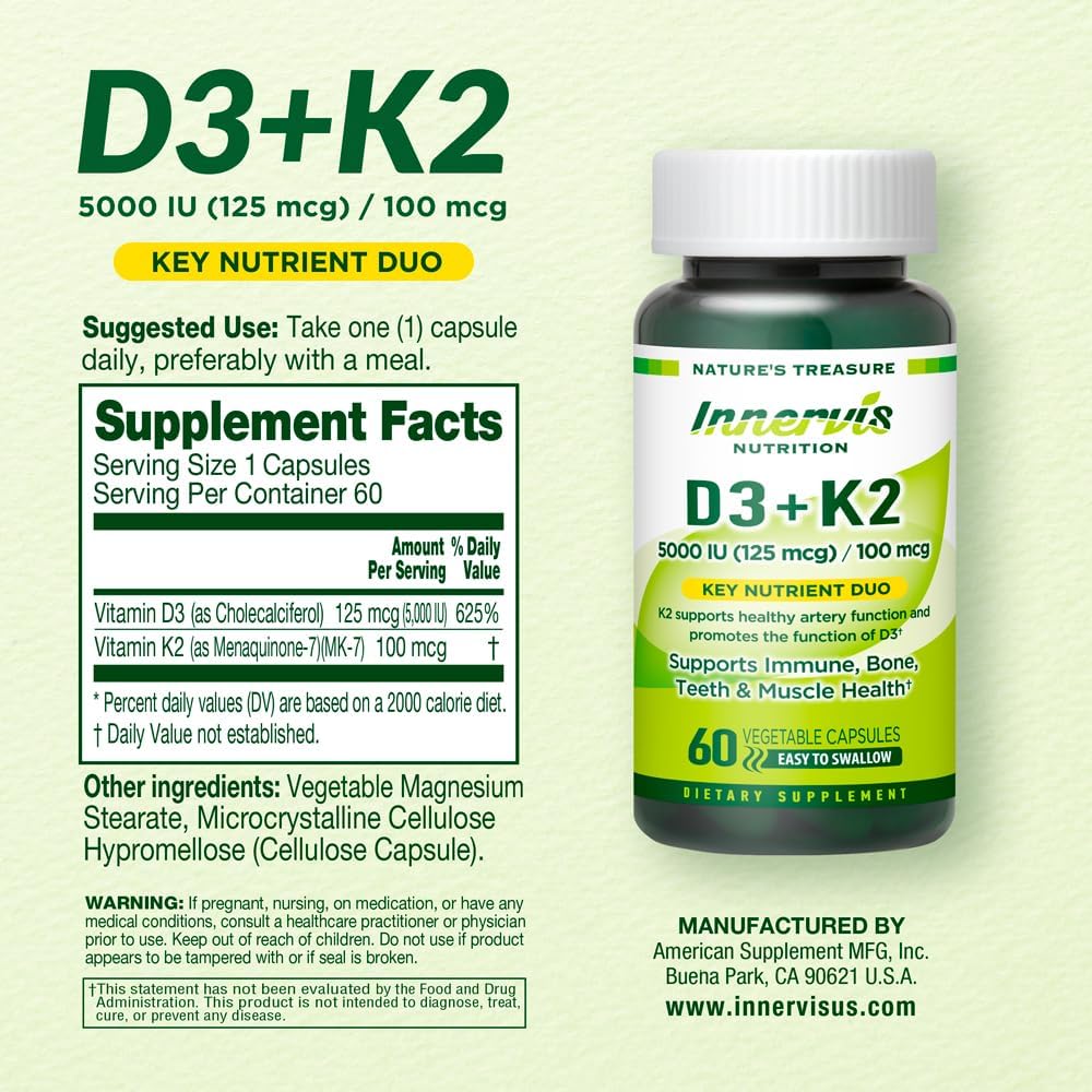 Vitamin D3 5000 IU + K2 MK-7 100mcg – Bone, Heart & Immune Support – 60 Capsules - görsel 8