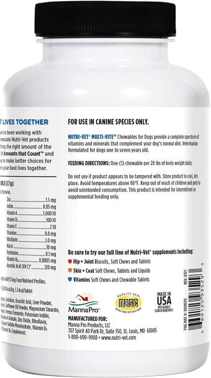 Nutri-Vet Multi-Vite Chewables for Adult Dogs - Daily Multivitamin & Mineral Supplement, 180 Count