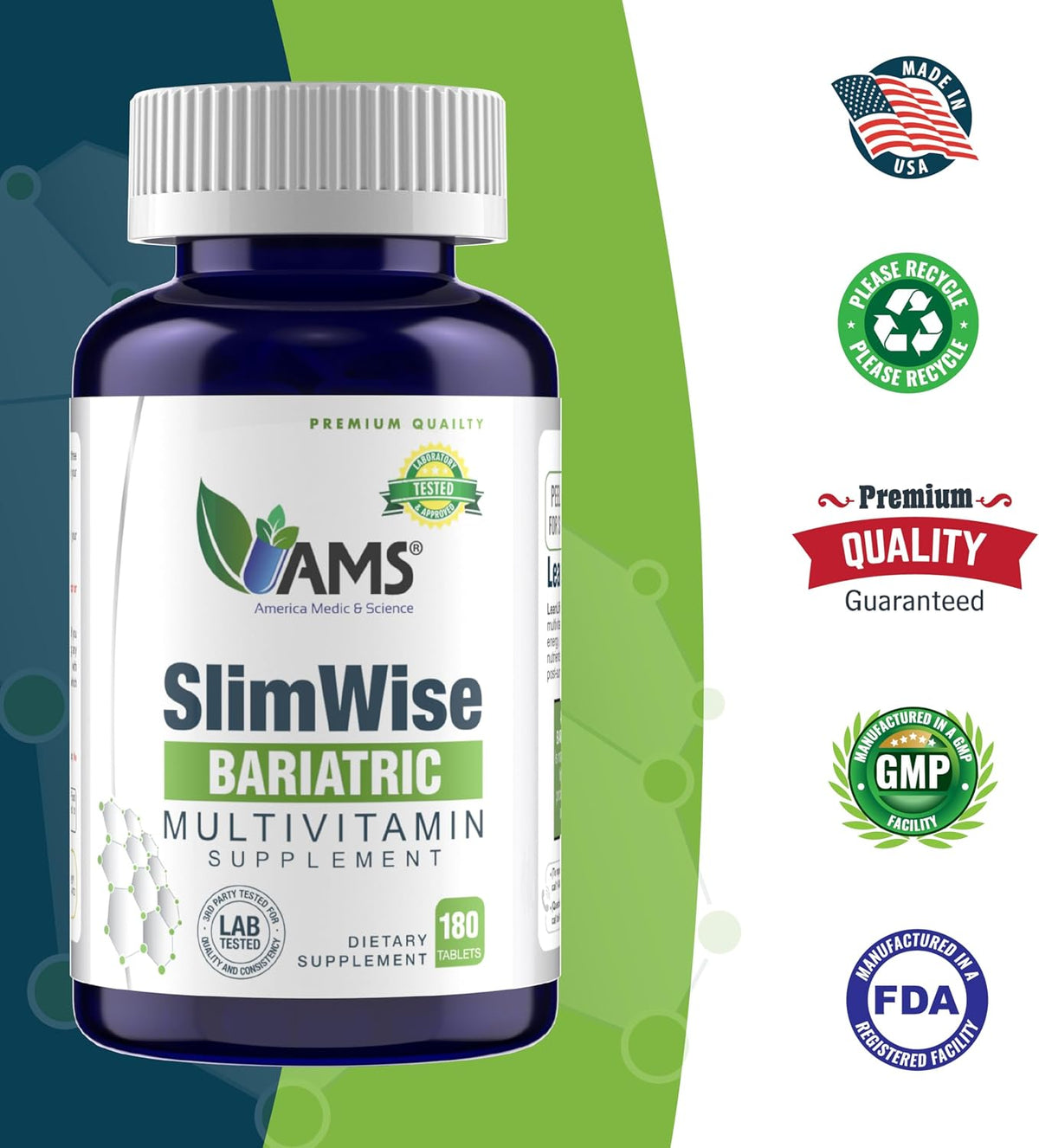 America Medic & Science SlimWise Bariatric Multivitamin – 180 Caplets (2-Month Supply) – Post-Gastric Bypass & Sleeve Gastrectomy Support with Iron, B12, Vitamin D3, Folate – Easy-to-Swallow - görsel 4