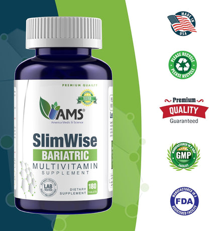 America Medic & Science SlimWise Bariatric Multivitamin – 180 Caplets (2-Month Supply) – Post-Gastric Bypass & Sleeve Gastrectomy Support with Iron, B12, Vitamin D3, Folate – Easy-to-Swallow