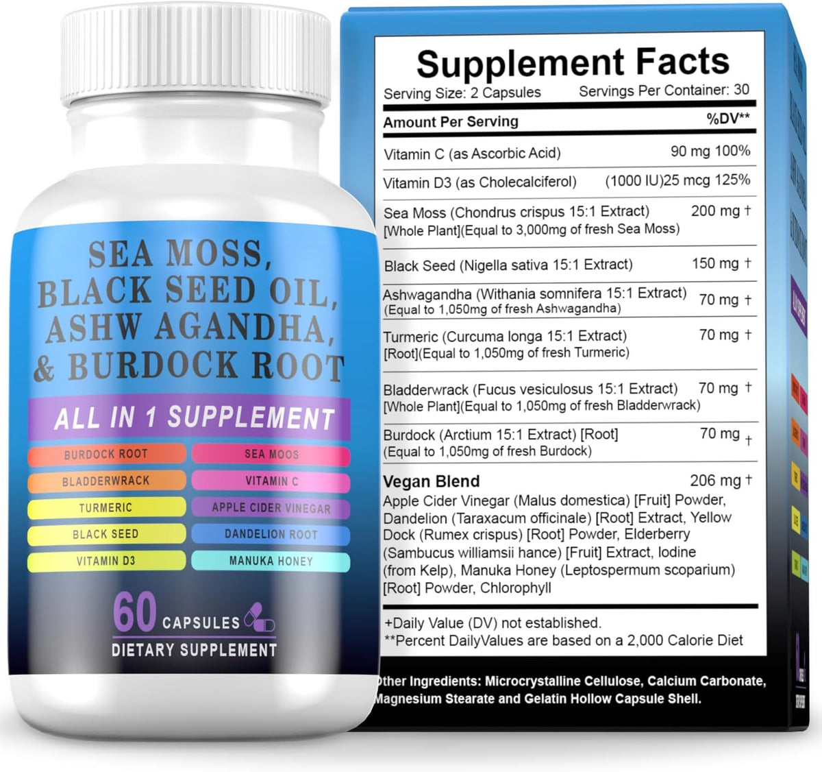 Pyzor Sea Moss Black Seed Oil Ashwagandha Turmeric Bladderwrack Burdock Root Shilajit - 60 Capsules - görsel 1