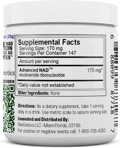 REVGENETICS Advanced NAD Powder - Food Supplement, 147 Servings (25 g), with Vitamin B3