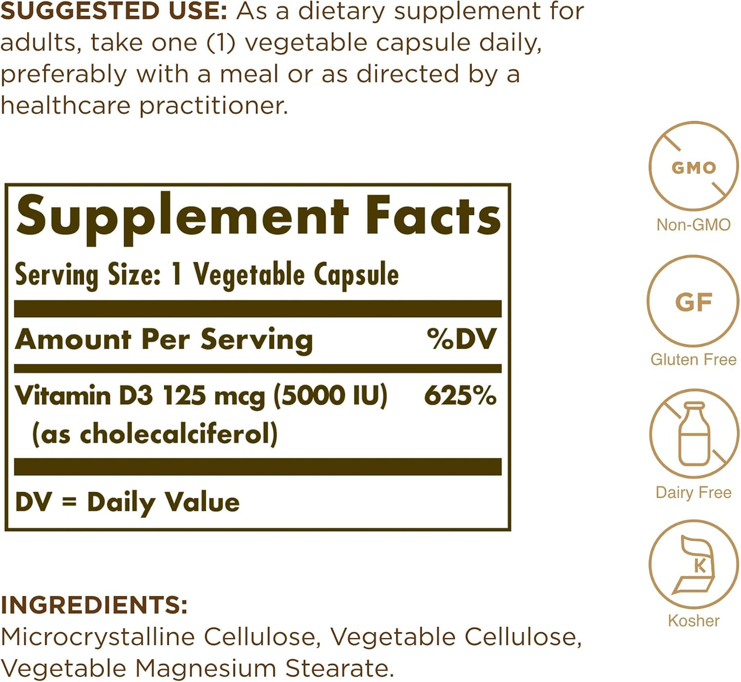 Solgar Vitamin D3 (Cholecalciferol) 125 mcg (5000 IU), 60 Vegetable Capsules - görsel 2