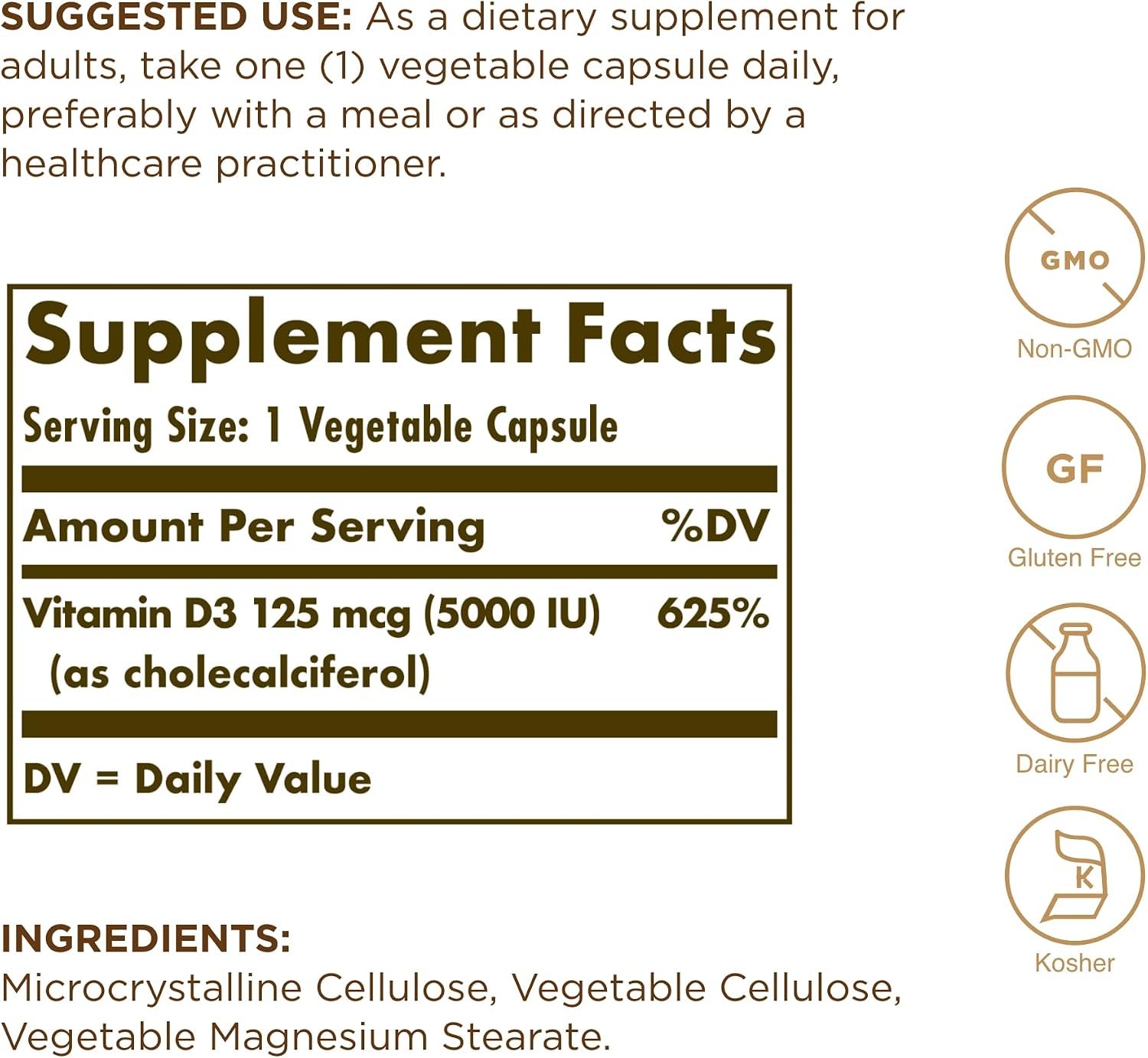 Solgar Vitamin D3 (Cholecalciferol) 125 mcg (5000 IU), 60 Vegetable Capsules - görsel 2
