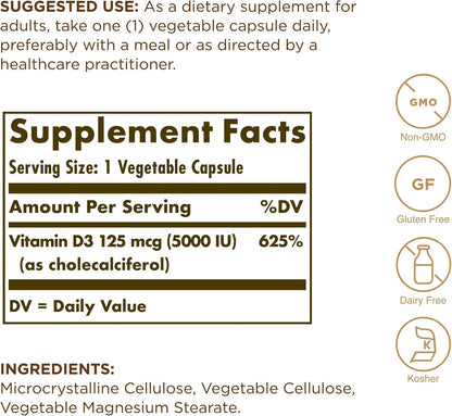 Solgar Vitamin D3 (Cholecalciferol) 125 mcg (5000 IU), 60 Vegetable Capsules