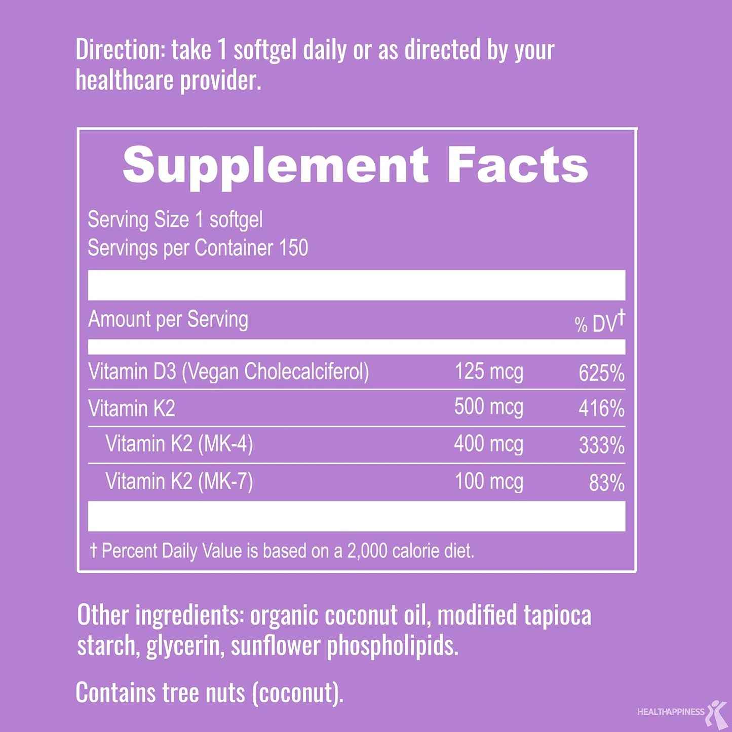 UpNourish Vegan Vitamin D3 5000 IU + K2 (MK4 & MK7) 500 mcg, 150 Softgels - görsel 2