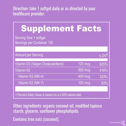 UpNourish Vegan Vitamin D3 5000 IU + K2 (MK4 & MK7) 500 mcg, 150 Softgels