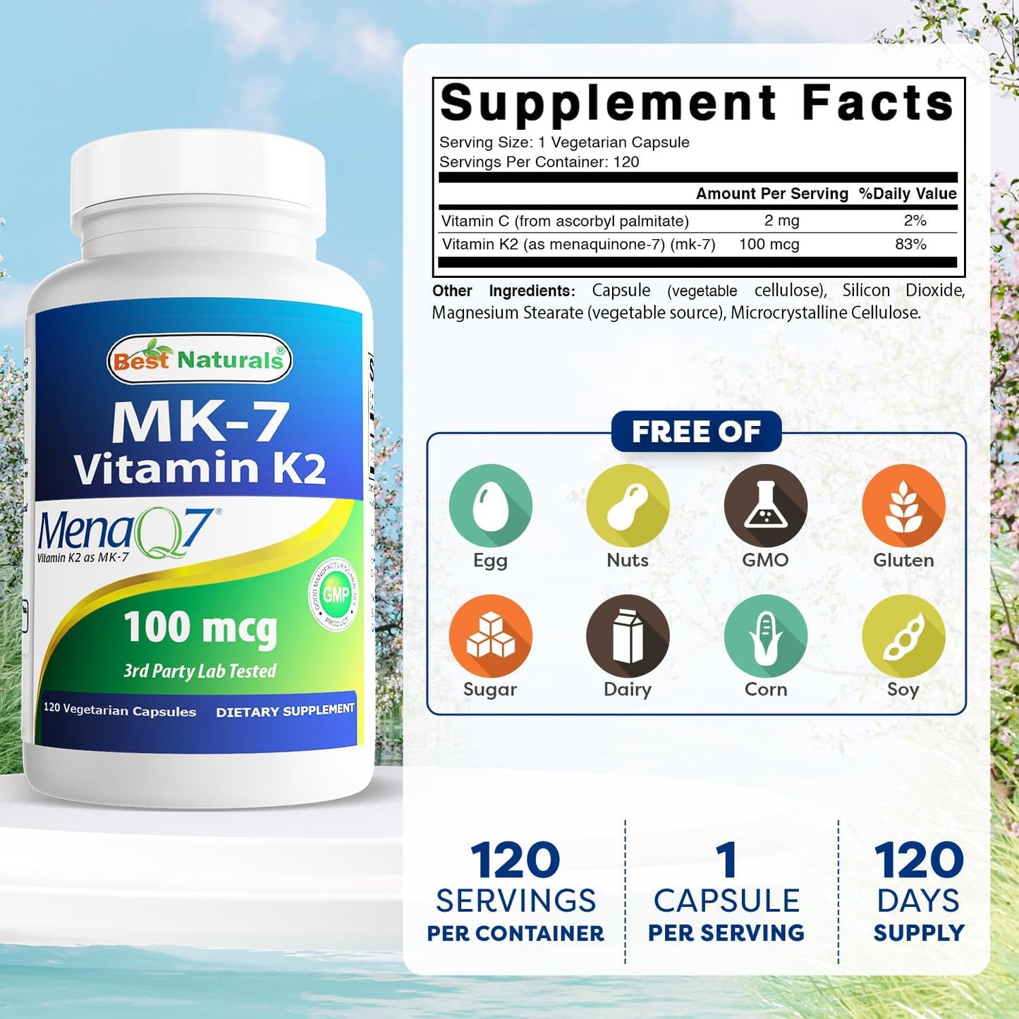 Best Naturals MK-7 Vitamin K2 100 mcg, 120 Vcaps - görsel 2