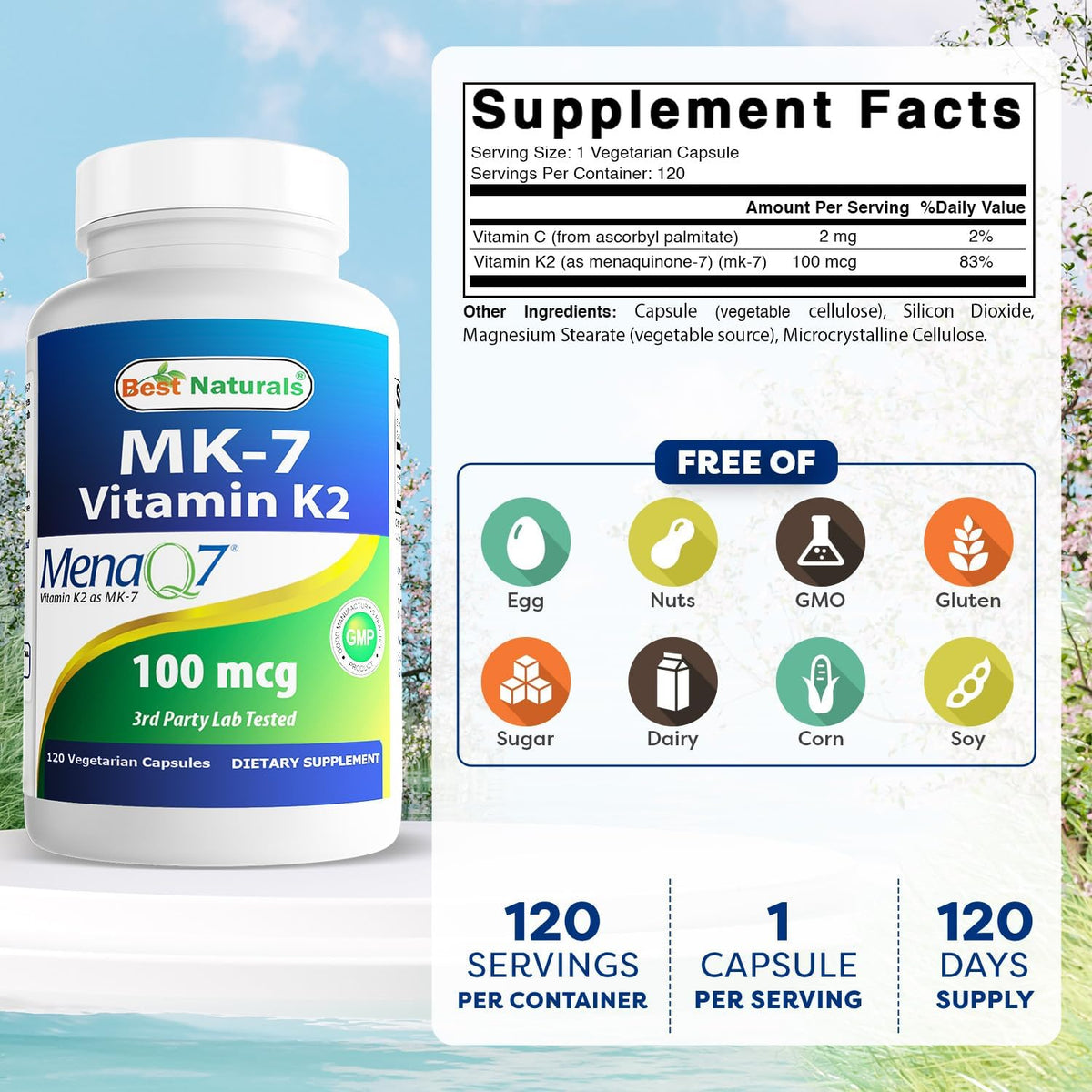 Best Naturals MK-7 Vitamin K2 100 mcg, 120 Vcaps - görsel 2