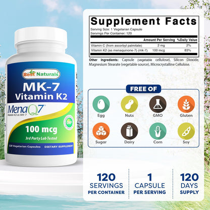 Best Naturals MK-7 Vitamin K2 100 mcg, 120 Vcaps