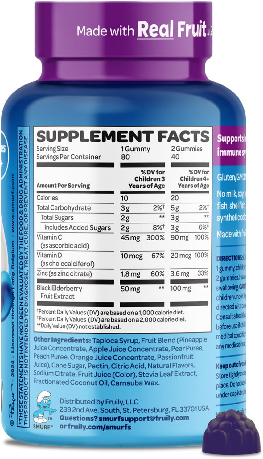 The Smurfs Immune Support Supplement Vitamins for Children with Elderberry, Zinc, Vitamin C & D for Immune Defence Age 3+ | Made with Real Fruit in a Smurf Berry | Doctor-Developed & Non-GMO | 80 Gummies - görsel 7