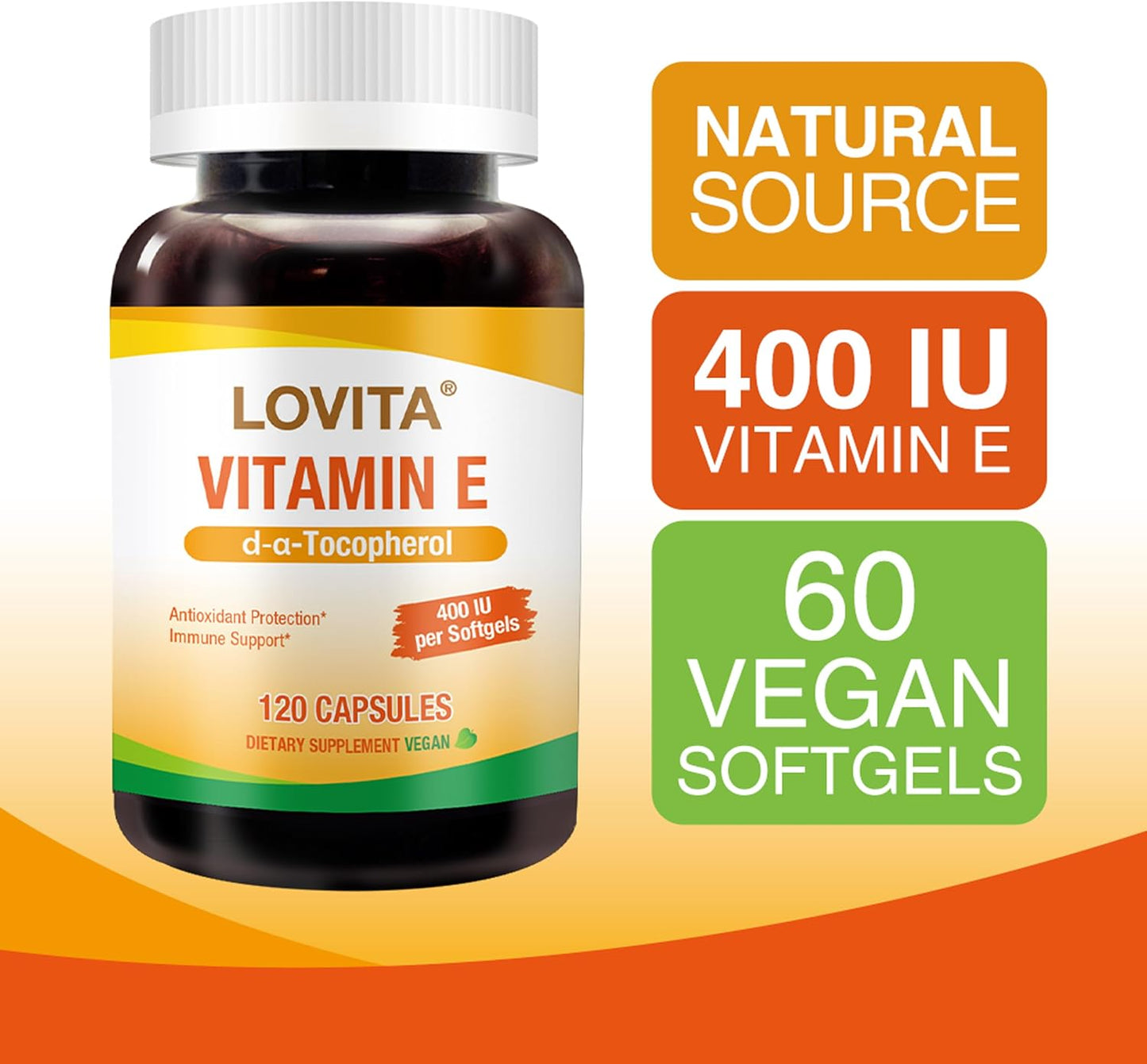 LOVITA Vitamin E 400 IU Vegan Soft gel capsules, Natural Vitamin E 268 mg (as d-alpha Tocopherol), for Healthy Skin, Hair, Nails, Antioxidant & Immune Support, 120 Vegan Soft gel capsules (Pack of 3) - görsel 2