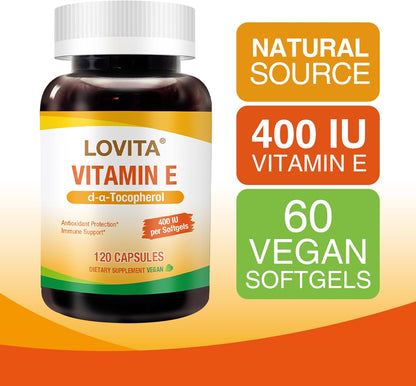 LOVITA Vitamin E 400 IU Vegan Soft gel capsules, Natural Vitamin E 268 mg (as d-alpha Tocopherol), for Healthy Skin, Hair, Nails, Antioxidant & Immune Support, 120 Vegan Soft gel capsules (Pack of 3)