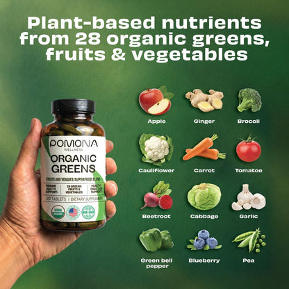 Pomona Wellness Super Greens Supplement - Organic, Non-GMO, 120 Tablets