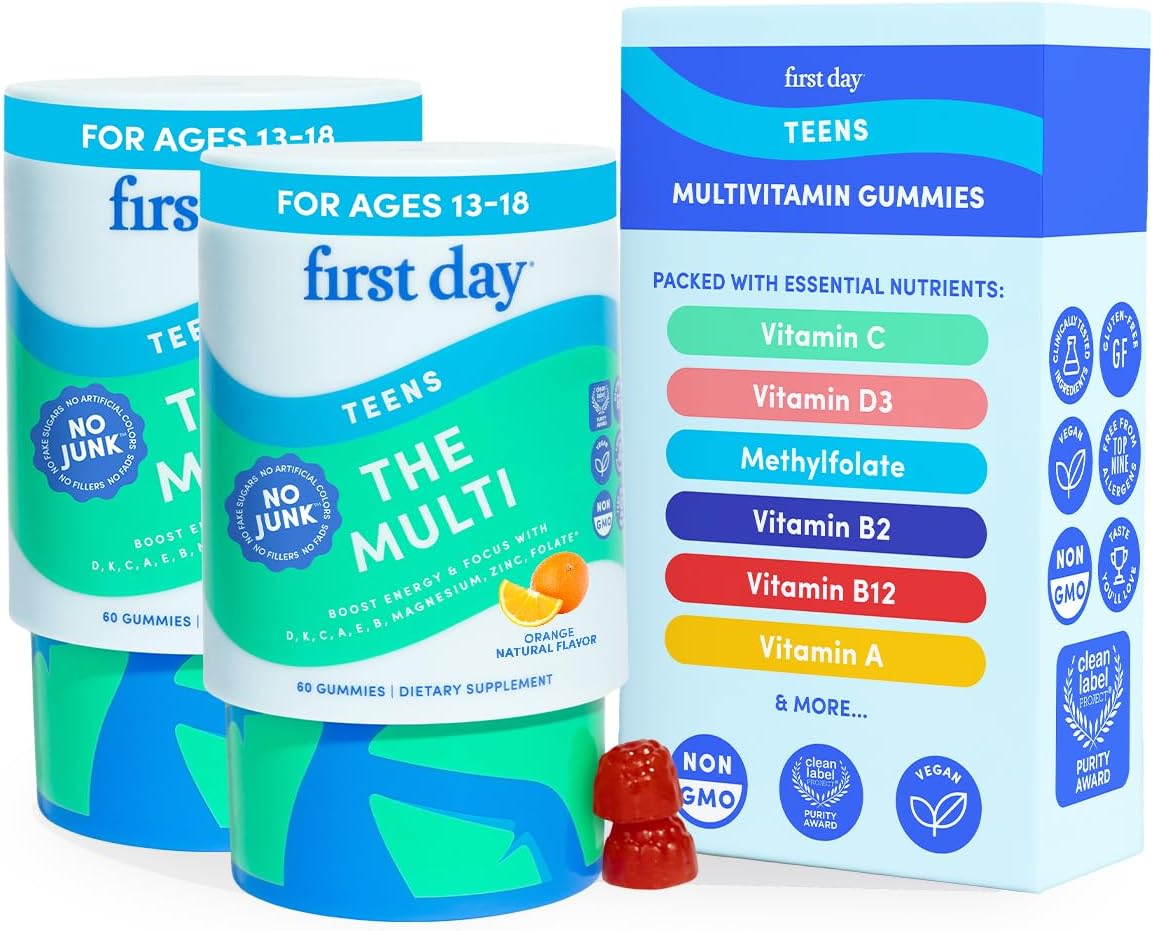 FIRST DAY Vitamins for Teens - Teen Multivitamins for Girls & Boys 12-17, Organic Fruit & Veg Blend - 12 Key Nutrients: Vitamins A, B1, B2, B6, B9, B12, C, D3, E, K2 - 60 Day Supply - görsel 1