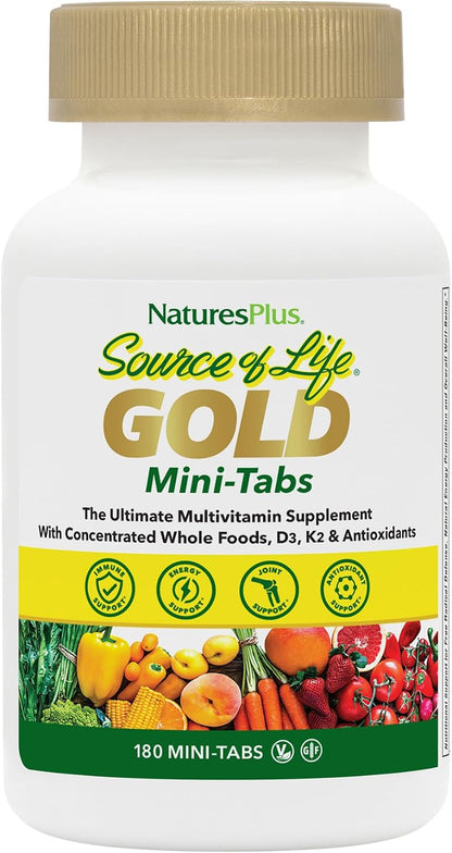 NaturesPlus Source of Life GOLD Multivitamin - 180 Mini-Tablets - With Vitamins D3, B12 & K2 - Blood, Bone & Immune Support - Vegetarian & Gluten Free