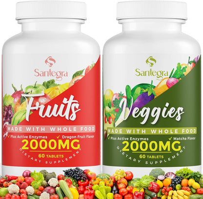 Santegra 2000 mg Fruit and Veg Supplement, 35+ Fruits and Vegetables, 100% Whole Food Superfoods, Natural Vitamins for Women and Men, Sugar-free, Gluten-free, Vegan, 120 Tablets