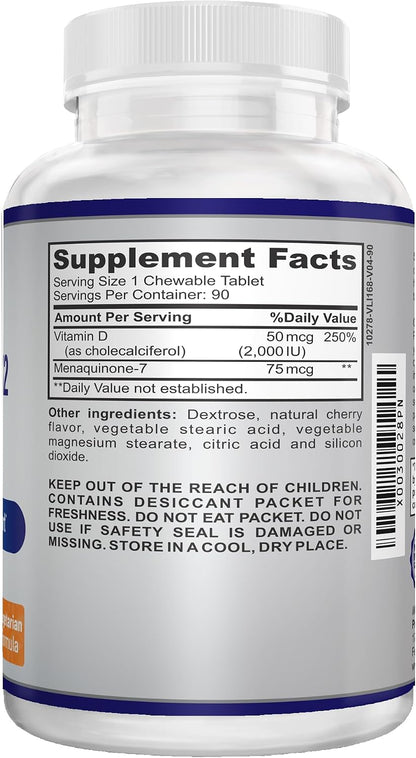 O!VITA Vitamin D3 + K2 2000IU Chewable Tablets for Bone Health Support, 90 Vegetarian Chewable Tablets