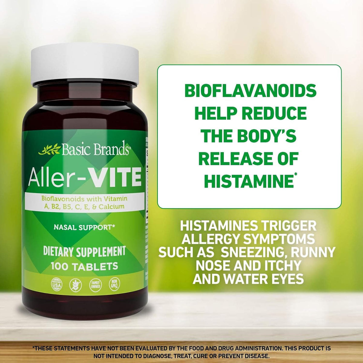 Basic Brands Aller Vite Nasal Support Tablets – High Bioflavonoid Complex with Vitamins and Calcium, Gluten-Free, 100 Tablets - görsel 3