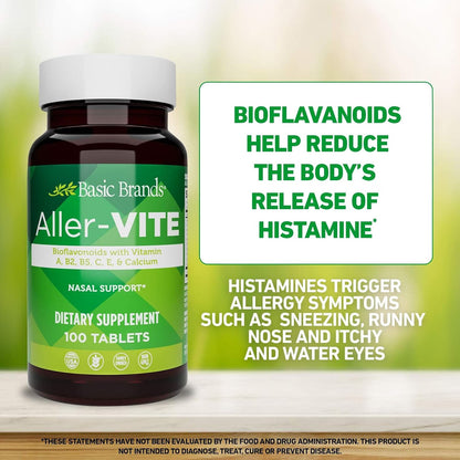 Basic Brands Aller Vite Nasal Support Tablets – High Bioflavonoid Complex with Vitamins and Calcium, Gluten-Free, 100 Tablets