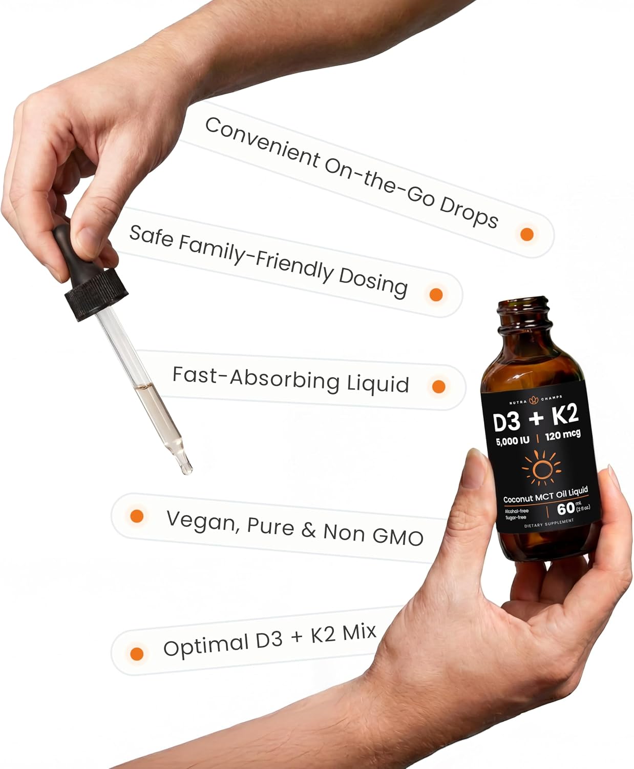 NutraChamps Vitamin D3 K2 Drops - Liquid D3 5000 IU with K2 MK-7, Unflavoured - görsel 5