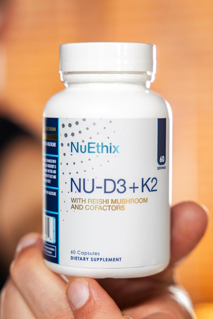 NuEthix Formulations NU-D3 + K2 - Vitamin D3 and K2 5000 IU Food Supplement with Reishi Mushroom, Magnesium & Zinc - 60 Capsules