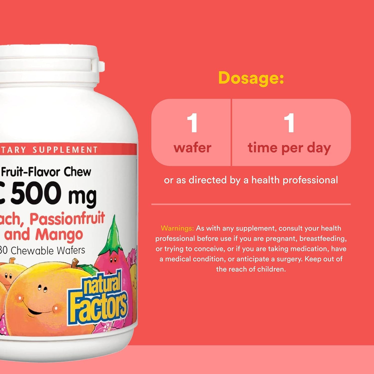 Natural Factors Kids Chewable Vitamin C – 500 mg – 180 Wafers – Peach, Passionfruit & Mango - görsel 3
