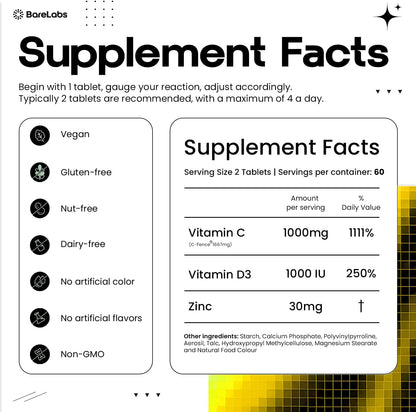 BareLabs Super C Time Release 1000 mg with Vitamin D3 & Zinc - 120 Tablets