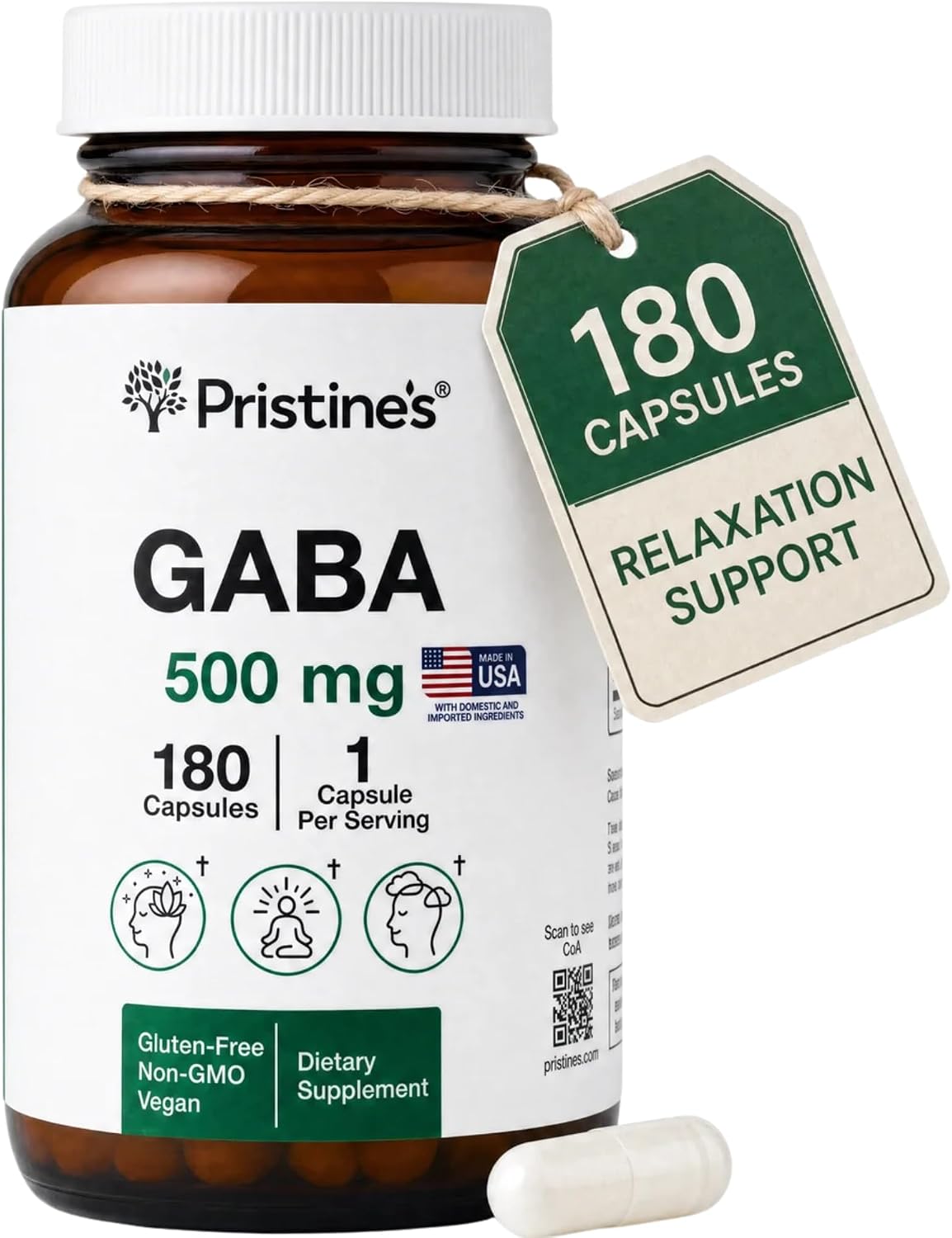 PRISTINE'S GABA 500mg Sleep Support Supplement - 180 Capsules - Calm Mind & Relaxation - görsel 1