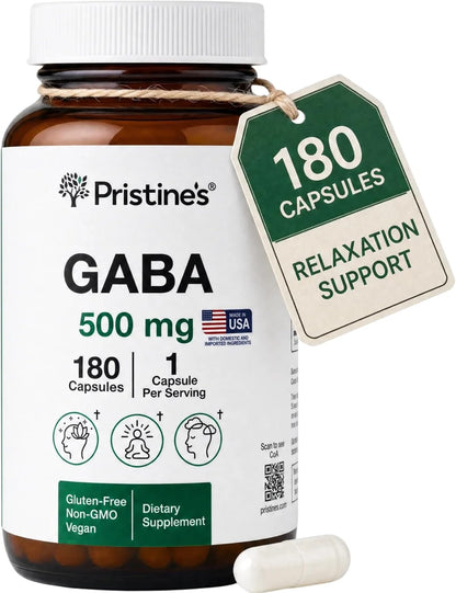 PRISTINE'S GABA 500mg Sleep Support Supplement - 180 Capsules - Calm Mind & Relaxation