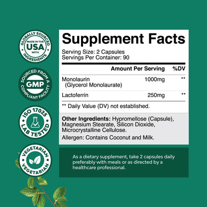High Strength Lactoferrin & Monolaurin Supplement - 250mg Lactoferrin, 1000mg Monolaurin - 180 Vegetarian Capsules