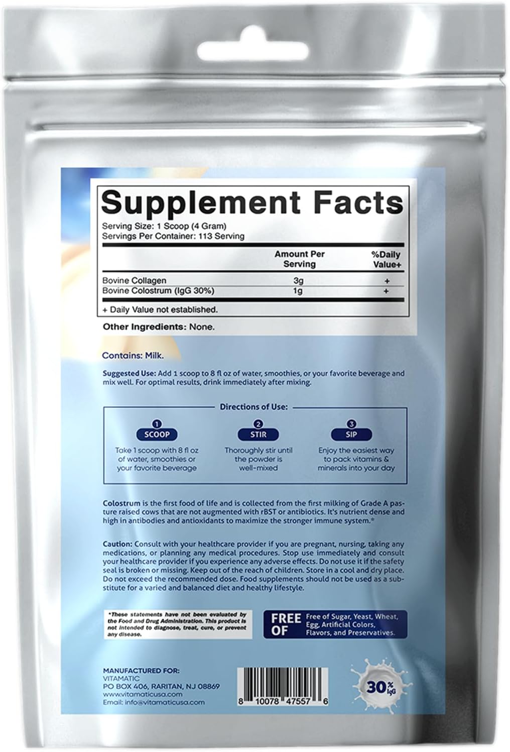 Vitamatic Bovine Colostrum + Collagen Powder - Grass-Fed, Hydrolysed, Unflavoured - 454 g (16 oz) - görsel 8