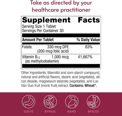 Bariatric Advantage B-12 Speedy Melts – Vitamin B12 1000 mcg with Folic Acid, Peppermint, 30 Fast-Melting Tablets