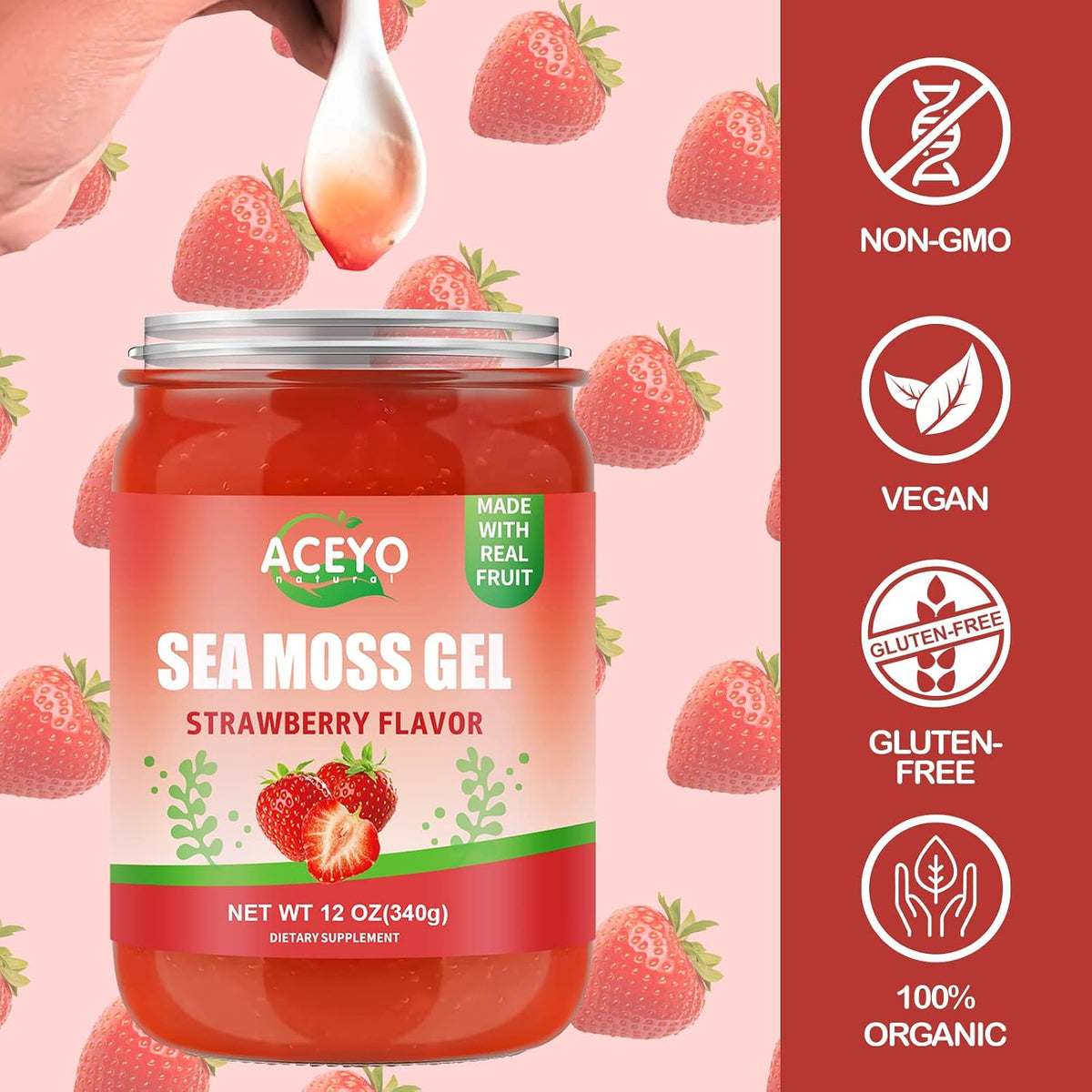 ACEYO Irish Sea Moss Gel – Raw Vegan Strawberry Flavour (340 g) - görsel 3