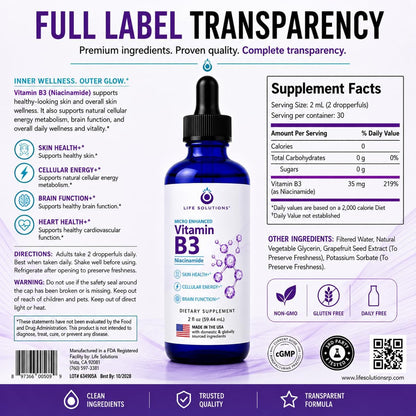 Life Solutions Vitamin B3 Niacinamide Drops - Non-Flush Liquid B3 Supplement, 60 ml