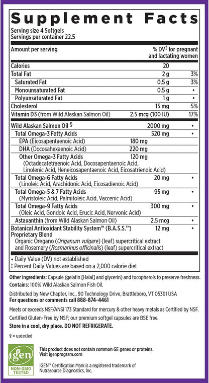 New Chapter Wholemega for Mum Fish Oil Supplement, Tiny Capsules, 2000mg per Serving, Prenatal DHA with Omega-3 + Vitamin D3 for Prenatal & Postnatal Support, 500mg Each - 90 Count