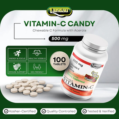 Landau 500mg Chewable Vitamin C Tablets for Kids & Adults – with Acerola – Kosher – Great Tasting Berry Flavour, 100 Tablets