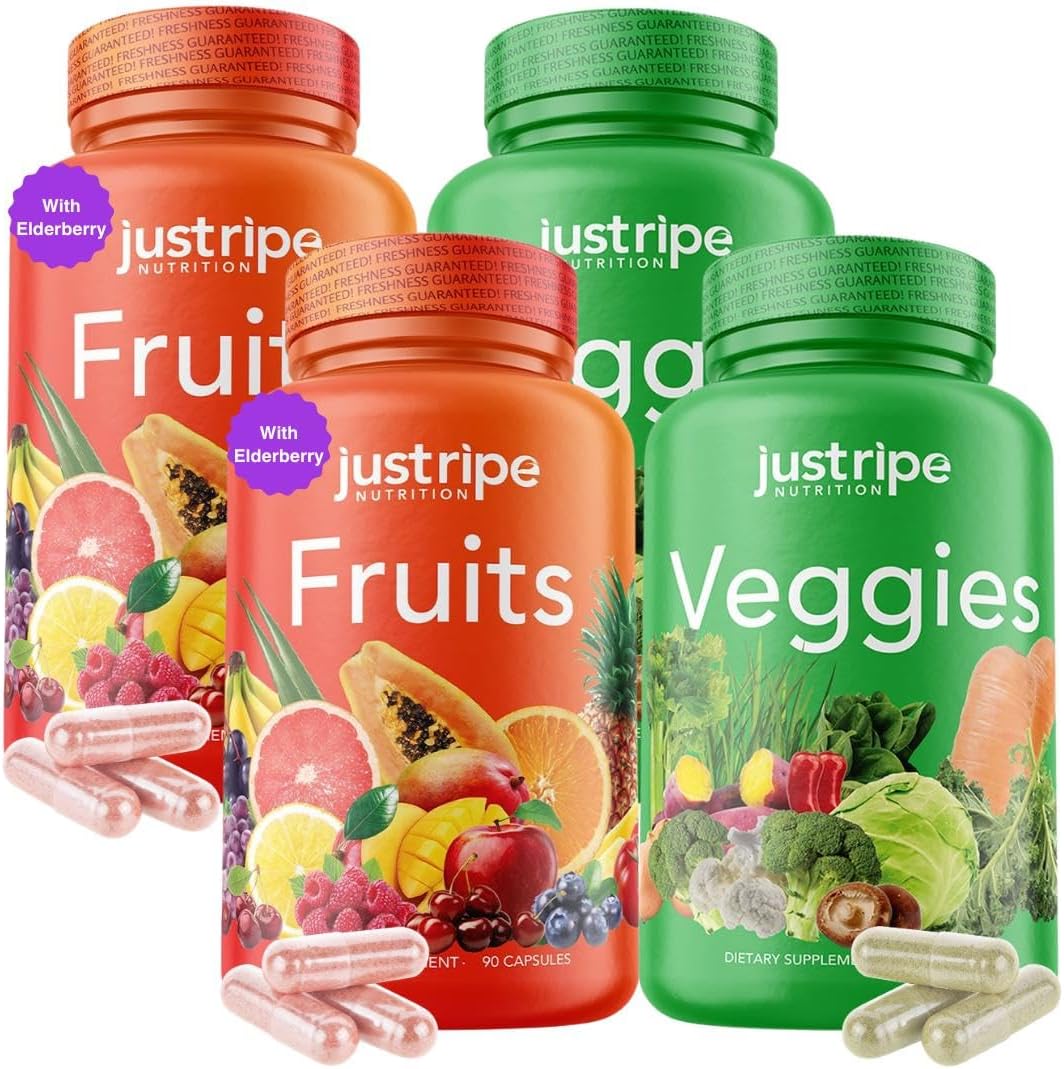 Just Ripe Nutrition Fruit & Veg Supplement - 2 Pack (90 Fruit + 90 Vegetable Capsules per Bottle) - görsel 1