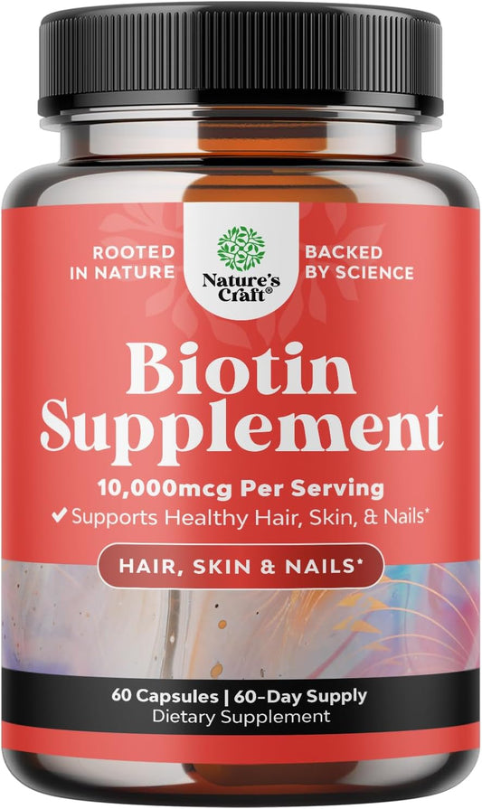 10000 mcg Pure Biotin Capsules for Women and Men – Thicker Hair, Stronger Nails, Clearer Skin – 60 Capsules
