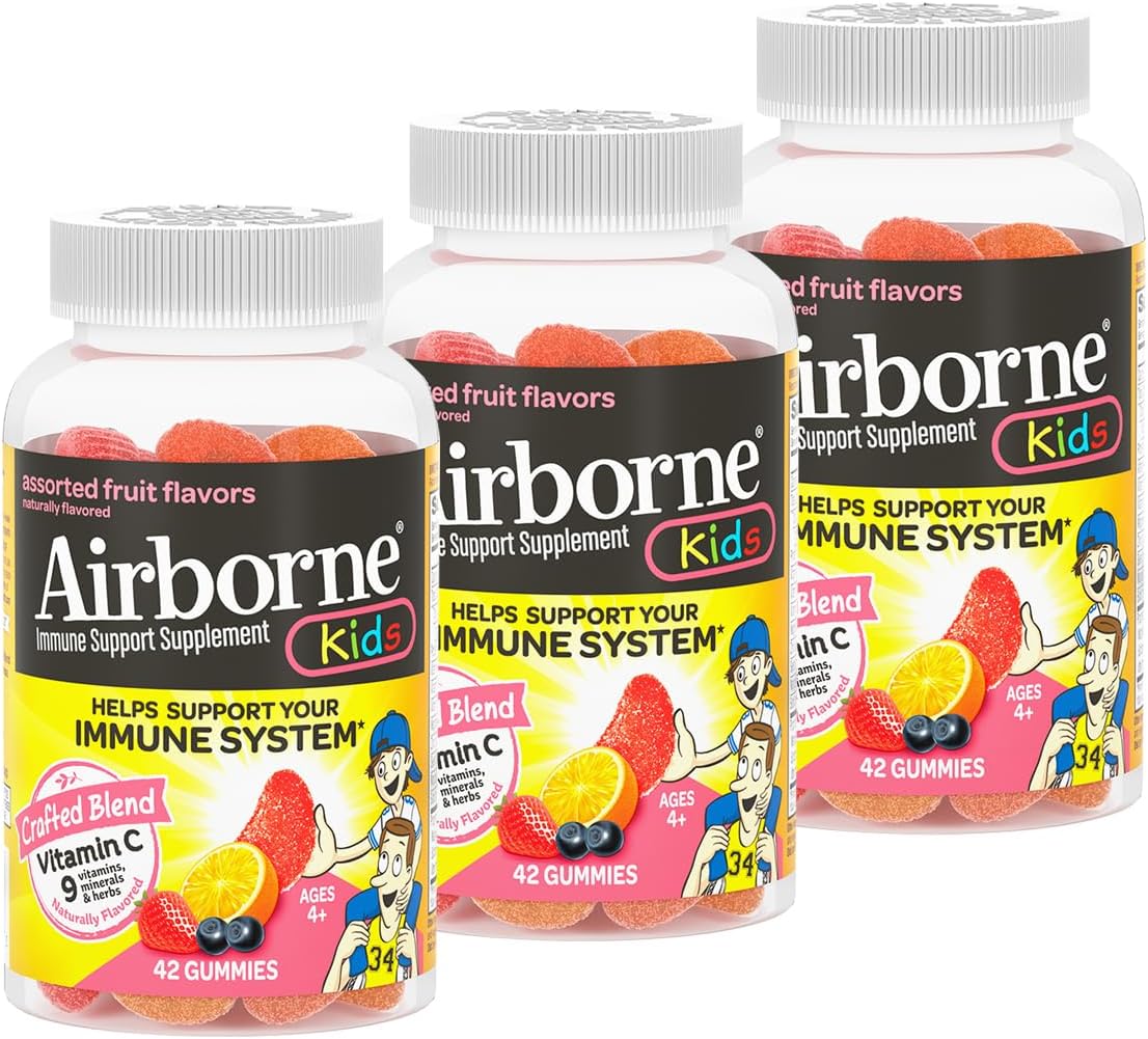 Airborne 500mg Vitamin C + Zinc Immune Support Supplement Gummies for Kids, Assorted Fruit Flavour, Gluten-free, 42 Gummies (3 Pack) - görsel 1