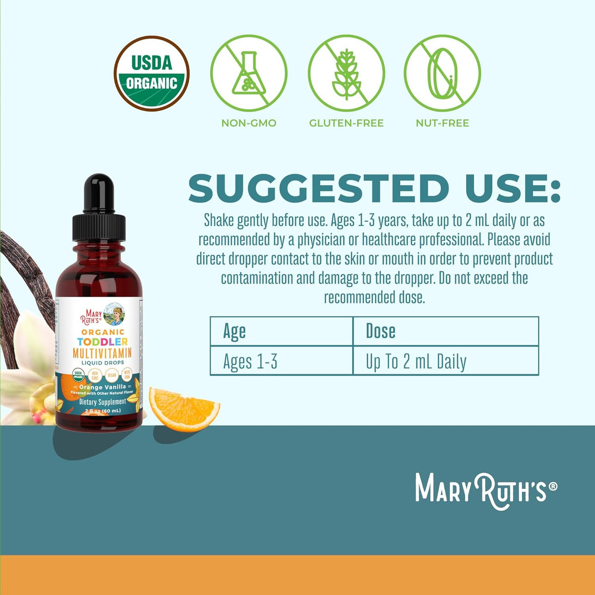 MaryRuth's Organic Multivitamin & Multimineral with Iron for Toddlers - Organic Liquid Drops - Ages 1-3 - 2 fl oz - görsel 3