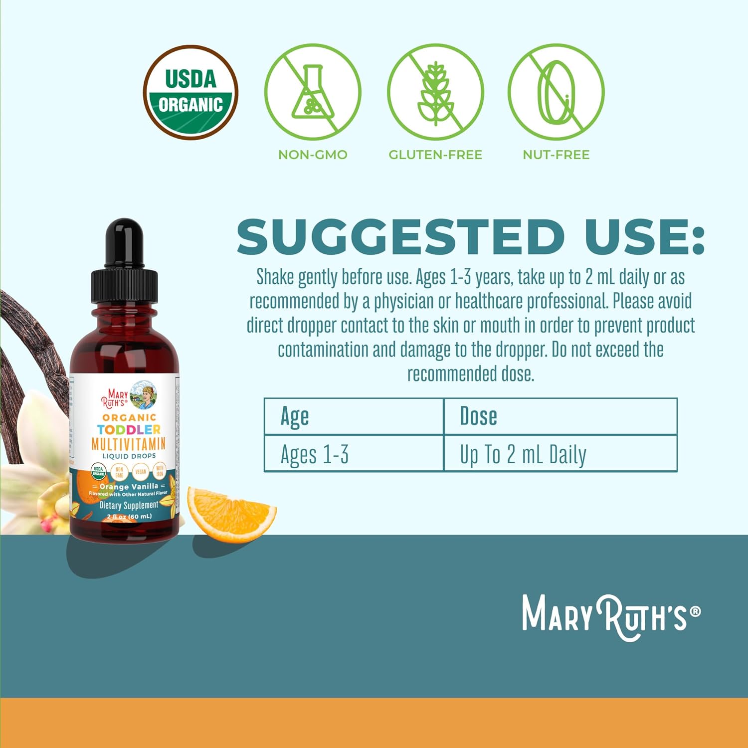 MaryRuth's Organic Multivitamin & Multimineral with Iron for Toddlers - Organic Liquid Drops - Ages 1-3 - 2 fl oz - görsel 3