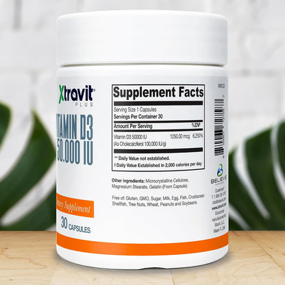 Xtravit Vitamin D Supplement – Natural High-dose Vitamin D3 for Men & Women – Supports Bones & Immunity – Non-GMO – No Gluten, Sugar, or Fillers, 50000 IU of D3, 30 Capsules
