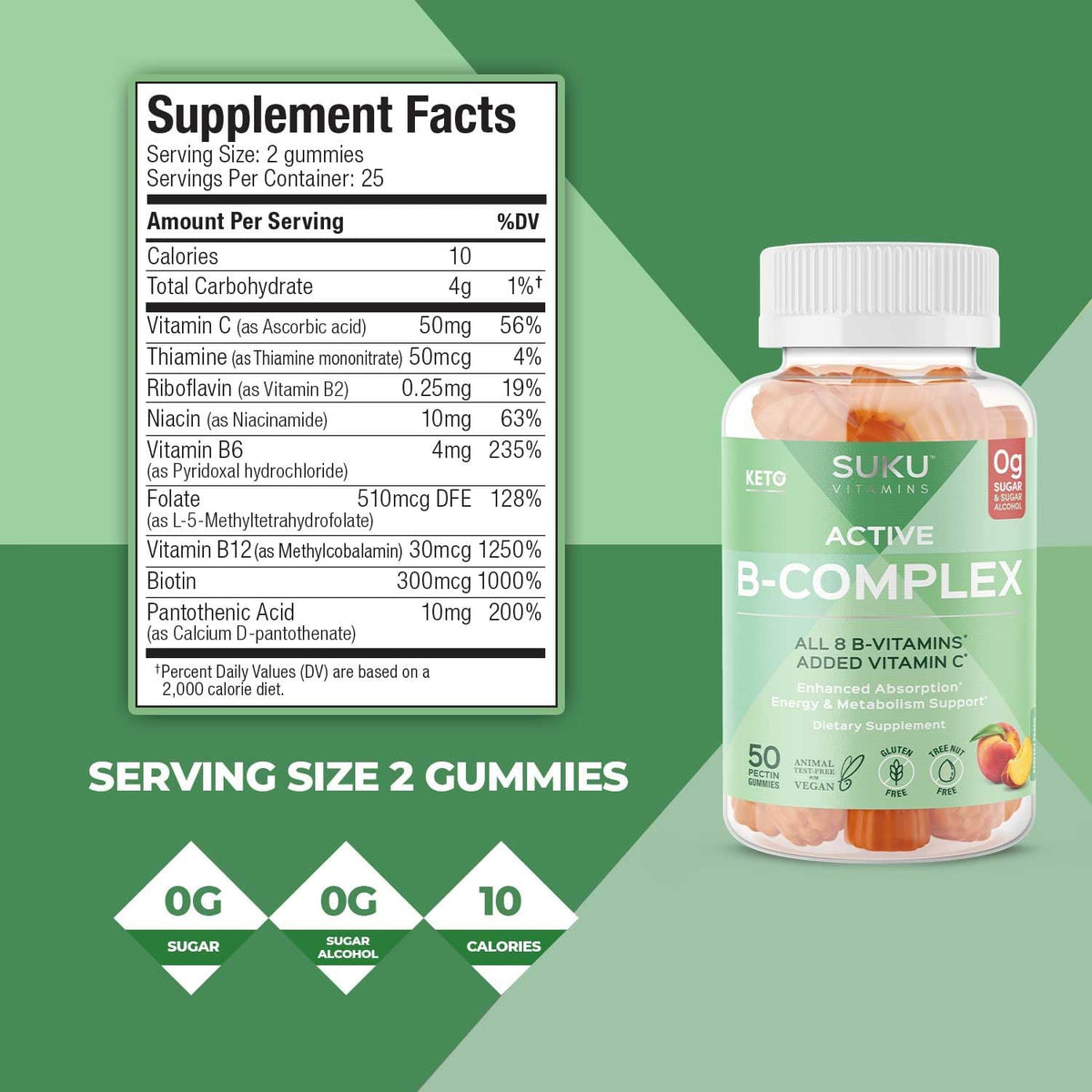 SUKU Vitamin B Complex Gummies with Vitamin C – Sugar Free Vegan 8 B Vitamins, Peach Flavour (50 Gummies) - görsel 4