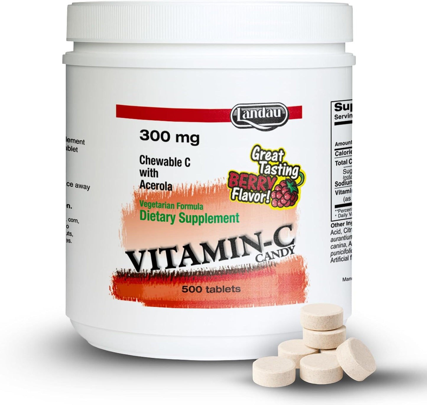 LANDAU Chewable Vitamin C with Acerola - 300mg, 500 Berry Flavour Tablets - görsel 1