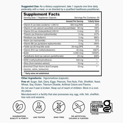 Nature's Lab Hair, Skin and Nails Supplement with Biotin, BCAA, MSM, Vitamin Complex - 90 Capsules (90 Day Supply)