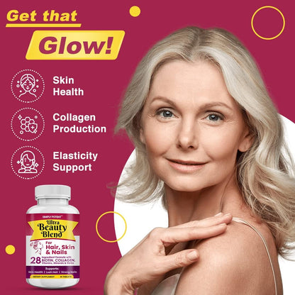 Simply Potent Hair Skin and Nails Vitamins - 28 Ingredient Anti-Ageing Supplement with Biotin 5000mcg, Keratin, MSM, Collagen, Hyaluronic Acid - 60 Tablets